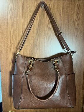 Mia K Farrow Brown Tote Shoulder Bag Crossbody Purse Large Tortoise Chain
